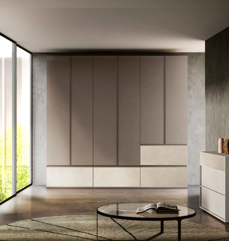 Armadio moderno battente 6 ante 4 cassetti, in finitura Argilla e Bronzo
