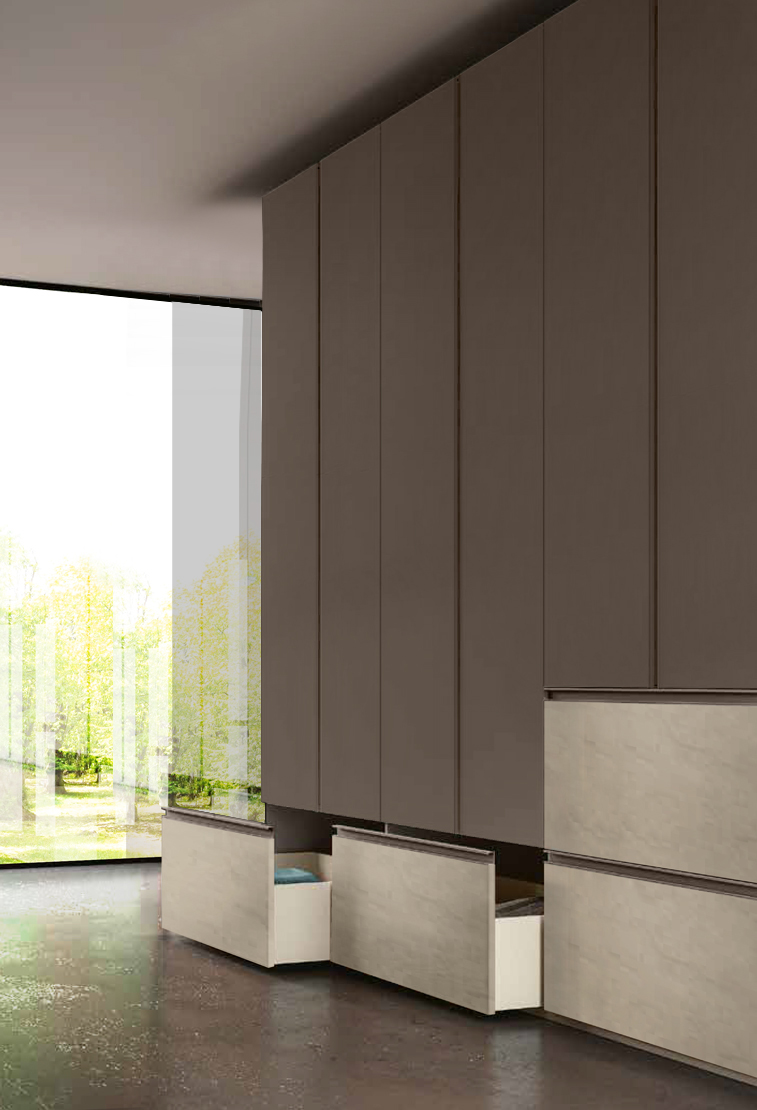 Armadio moderno battente 6 ante 4 cassetti, in finitura Argilla e Bronzo