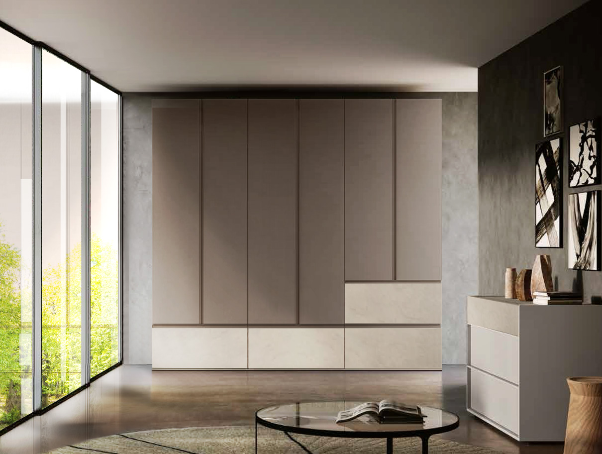 Armadio moderno battente 6 ante 4 cassetti, in finitura Argilla e Bronzo