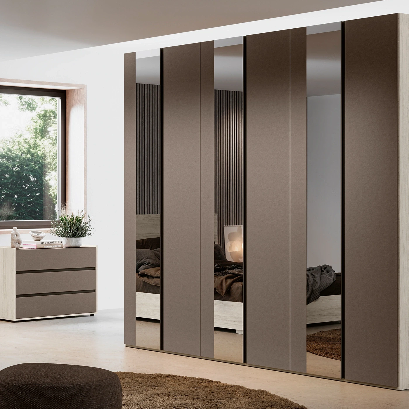 Camera da letto con letto contenitore, Bianco altea e Bronzo