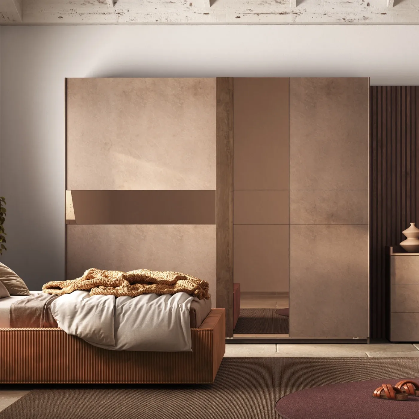 Camera matrimoniale con letto cannettato, Bronzo e Mercure