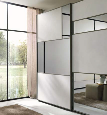 Camera matrimoniale moderna con armadio scorrevole, comò e comodini in Grigio londra e Calce