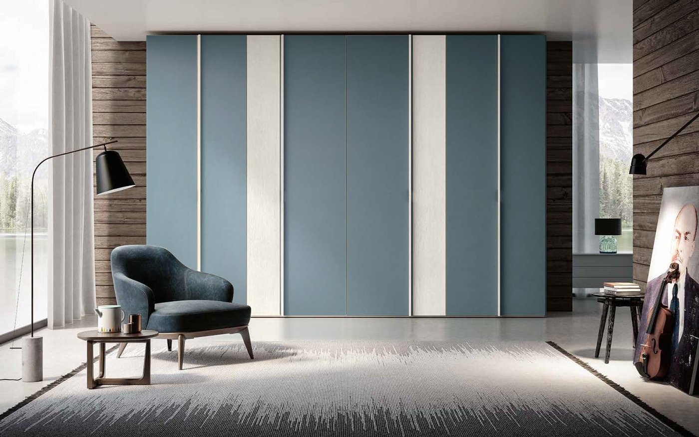 Armadio moderno 8 ante battenti, finitura Bianco larice e Petrolio