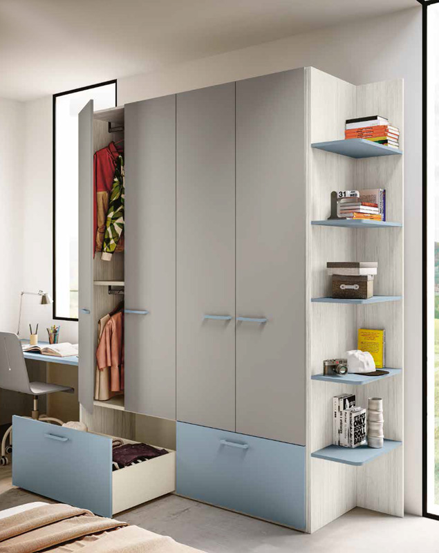 Cameretta 2 letti singoli, finitura Bianco altea, Carta da zucchero e Grigio seta