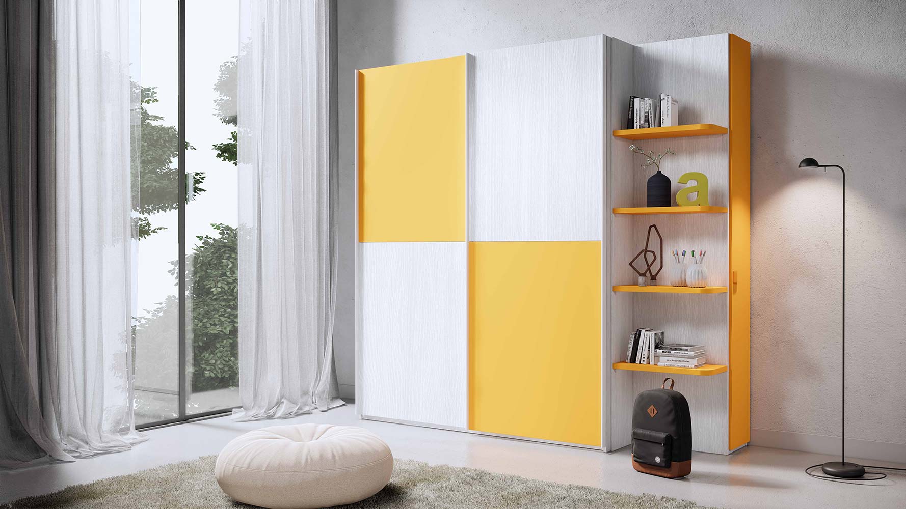 Armadio moderno per camerette a 2 ante, finitura Bianco frassino e Girasole