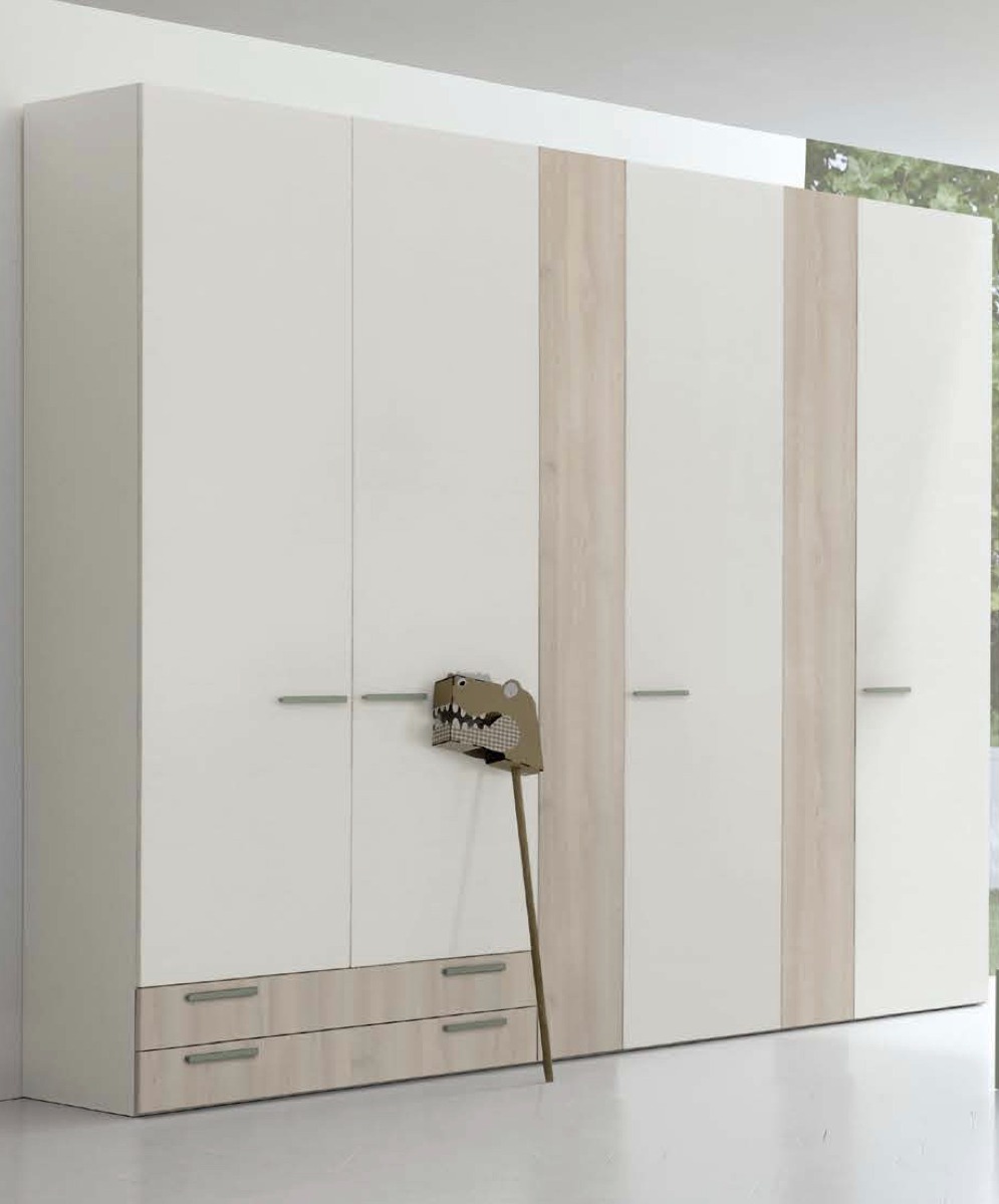 Armadio battente con cassetti per camerette, finitura Rovere white e Ciliegio bianco
