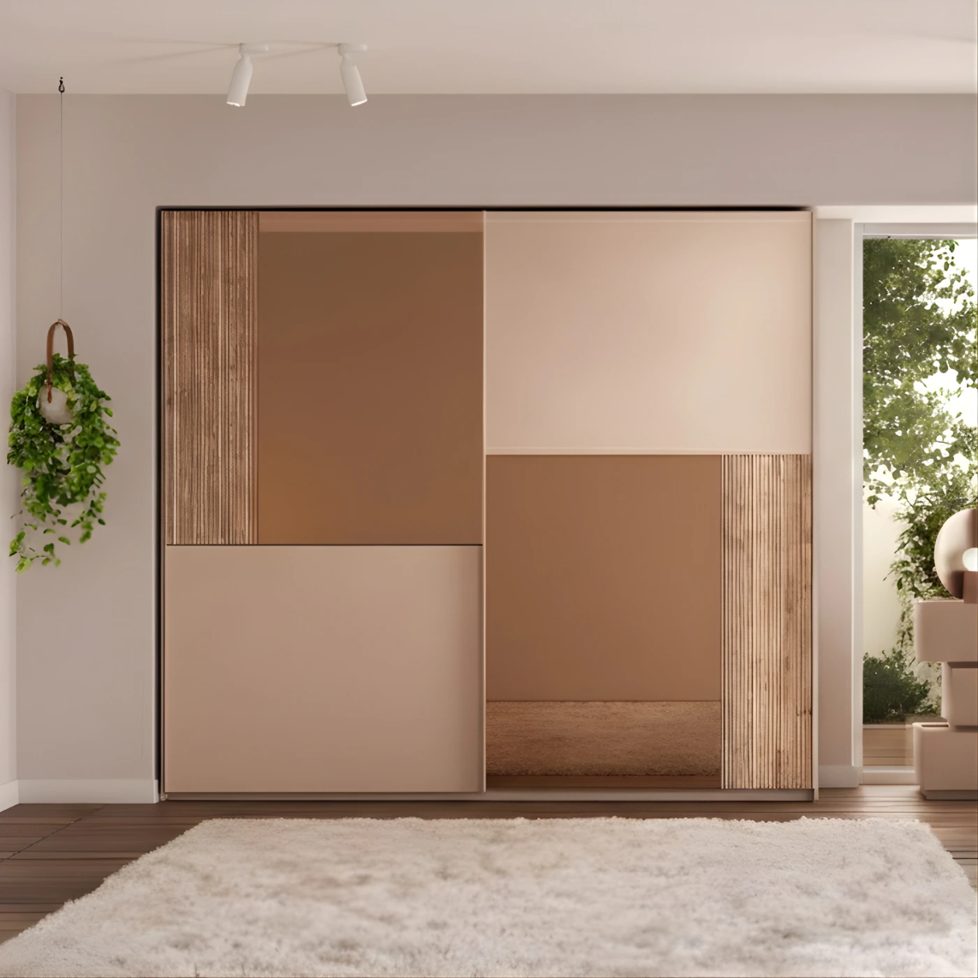 Armadio 2 ante scorrevoli, Cashmere e cannettato Cadiz, specchi bronzo