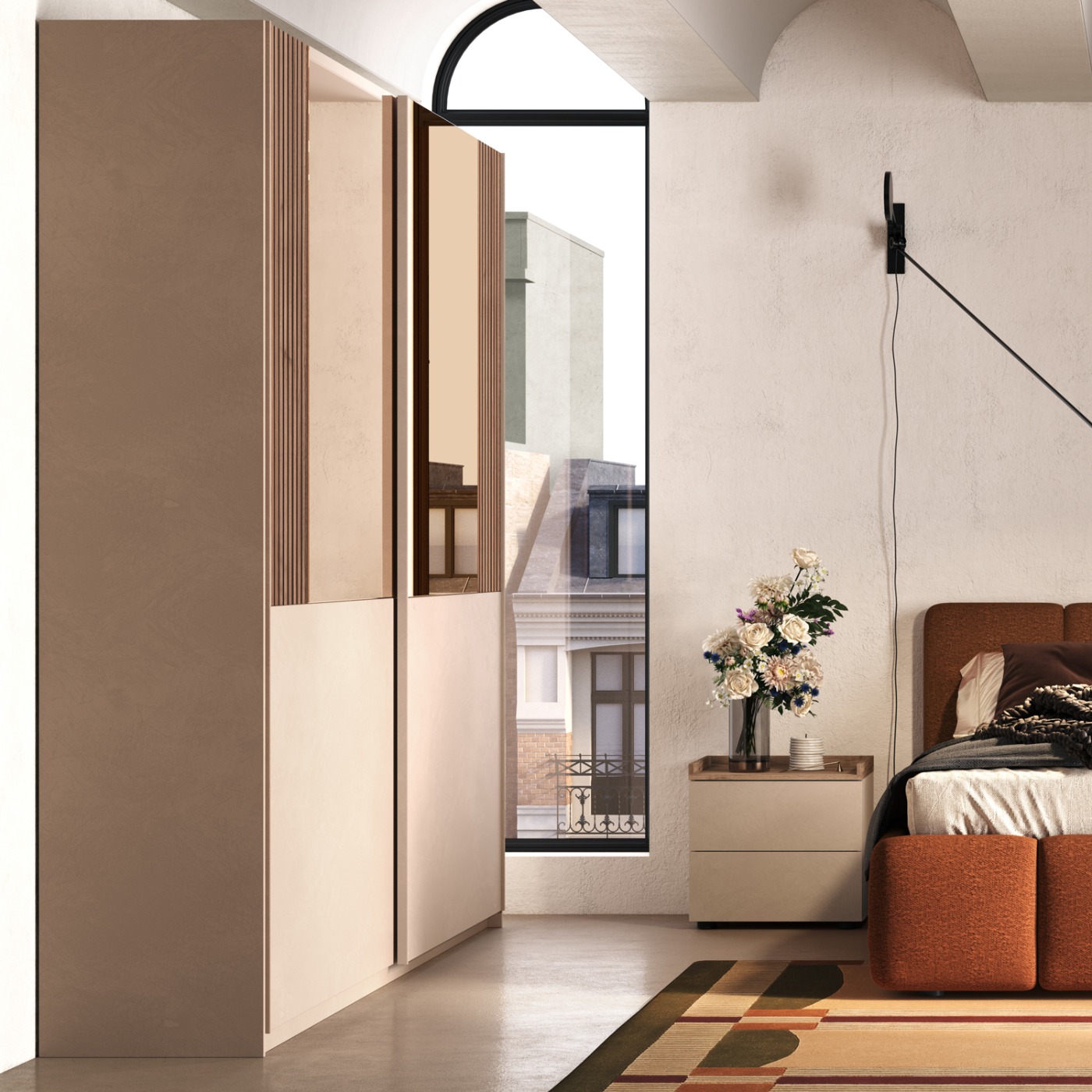 Armadio 2 ante scorrevoli, Cashmere e cannettato Noce caramello, specchi bronzo