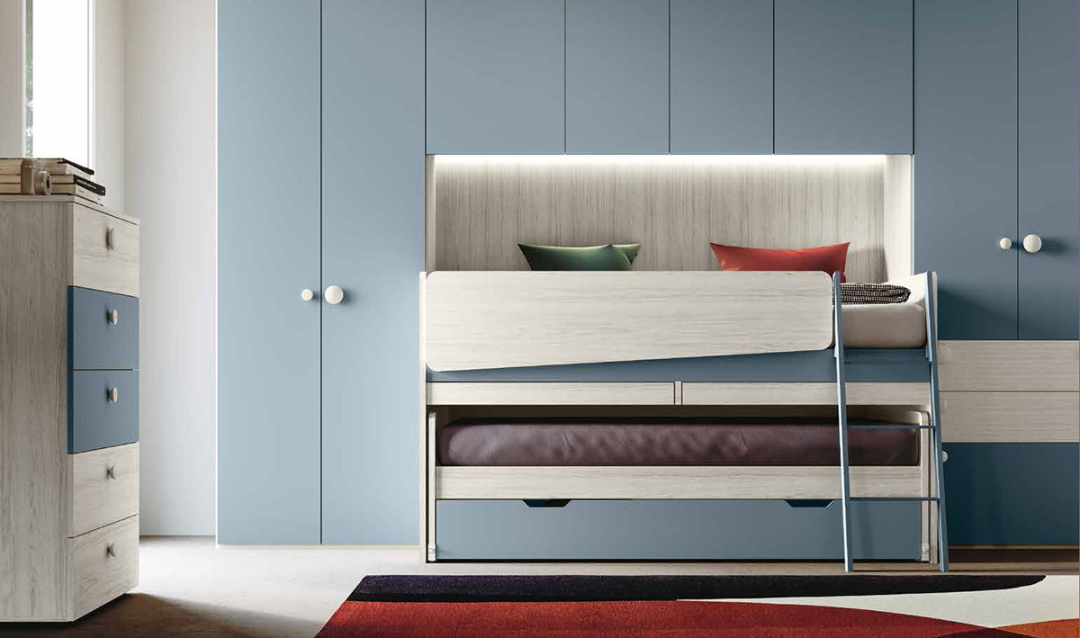 Cameretta 3 letti con scrivania, finitura Carta da zucchero e Bianco altea