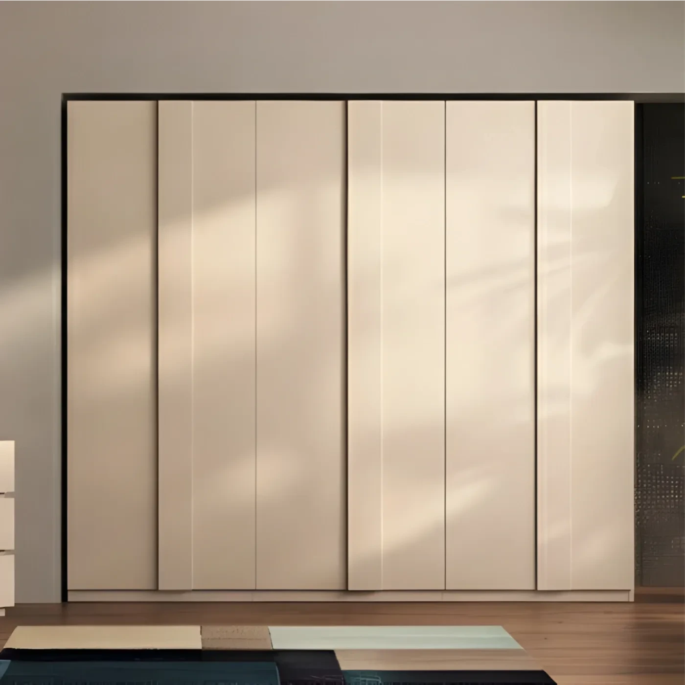 Camera da letto con letto imbottito, armadio e comodini