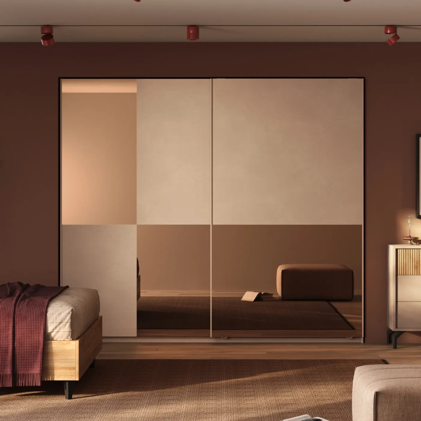 Camera matrimoniale Cashmere e Noce caramello, letto imbottito