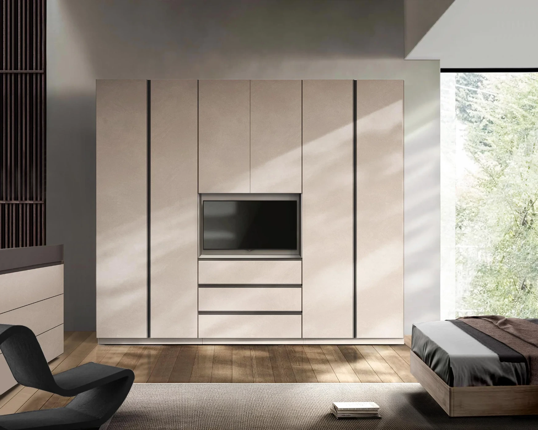 Armadio con tv girevole, finitura cashmere, prevendita a prezzo scontato, spedizione gratuita