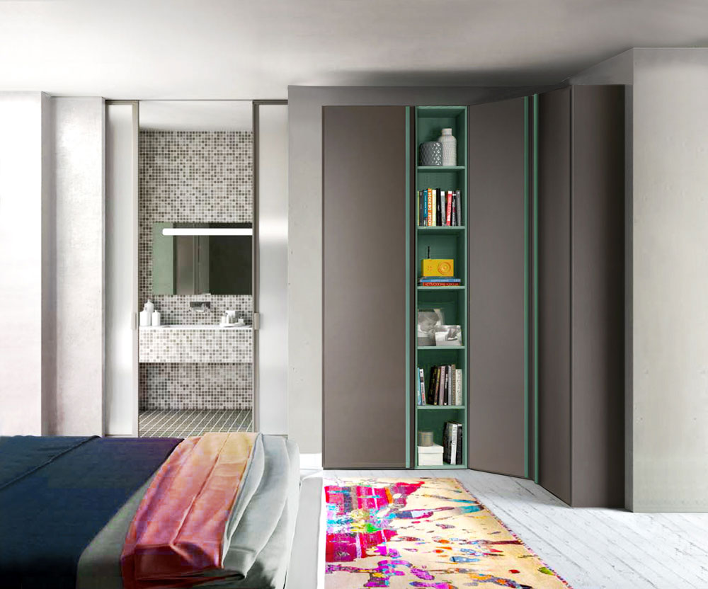 Armadio ad angolo moderno con ante battenti e libreria, Verde Salvia e Grigio Cenere