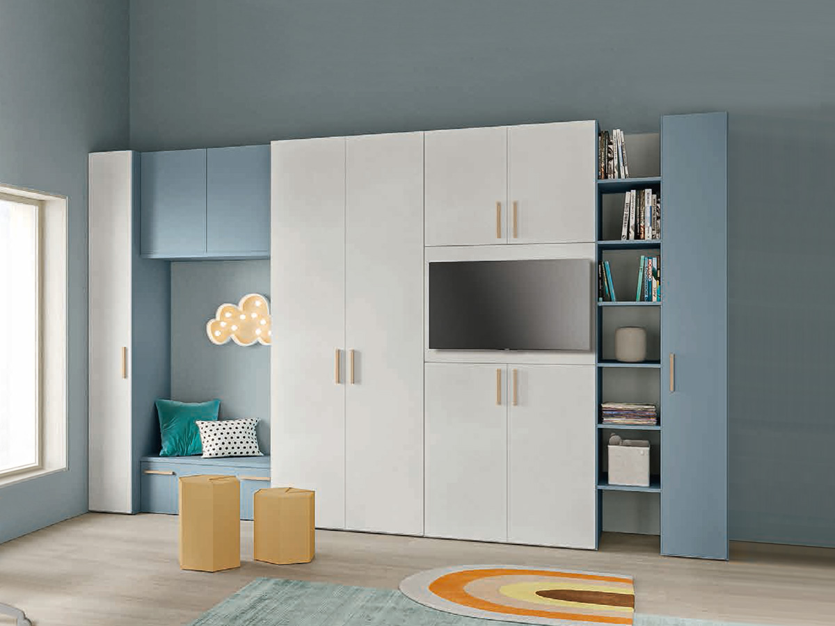 Armadio con porta tv e libreria, finitura Cemento artico, Cadaques e Royal oak