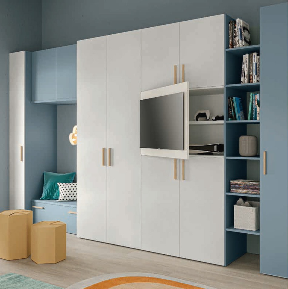 Armadio con porta tv e libreria, finitura Cemento artico, Cadaques e Royal oak