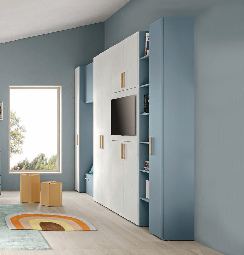 Armadio con porta tv e libreria, finitura Cemento artico, Cadaques e Royal oak