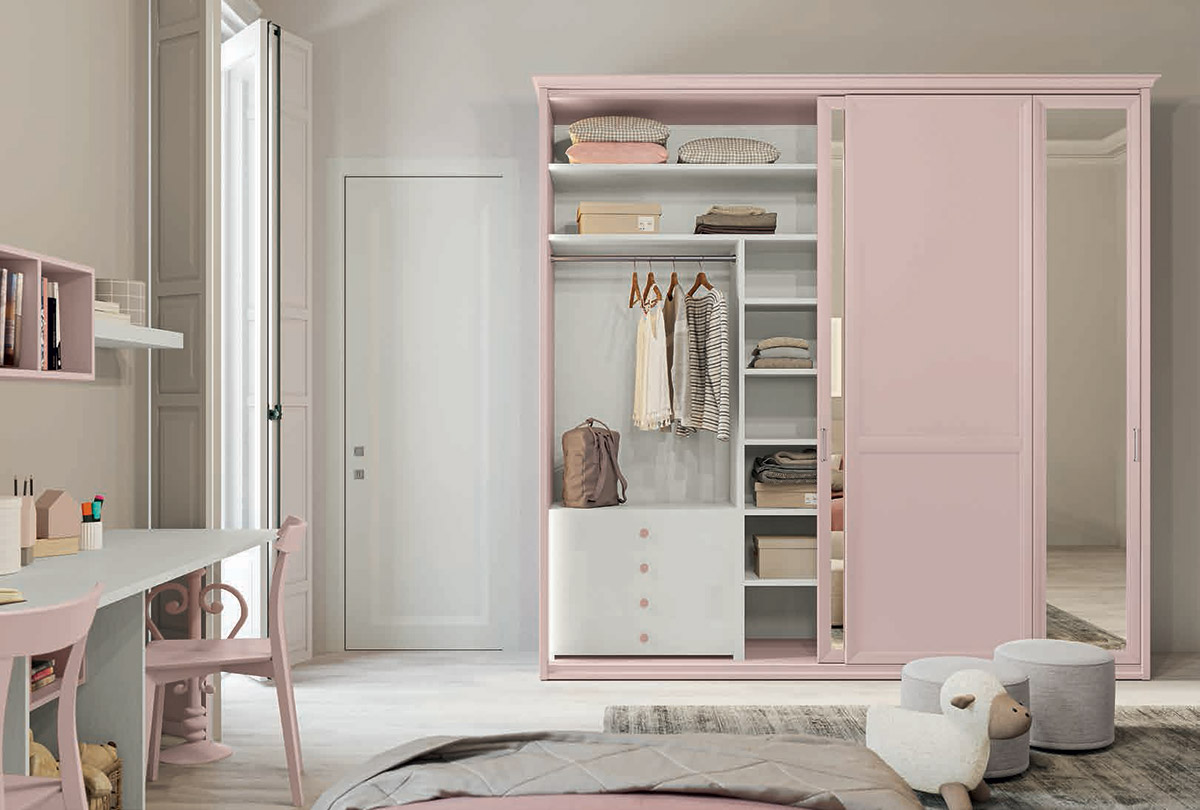 Armadio classico camerette, due ante scorrevoli con specchio, Cipria