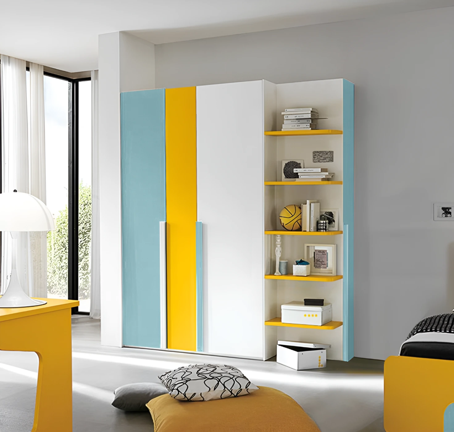 Armadio con scarpiera a 3 ante battenti, Celeste, Girasole e Bianco frassino