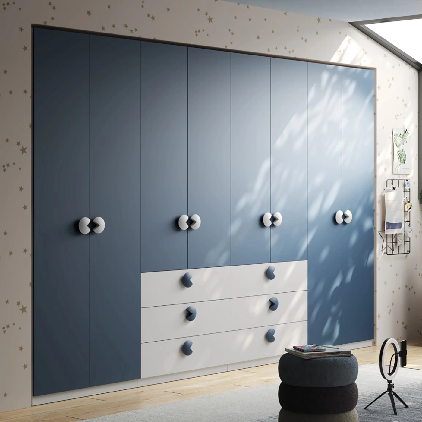 Armadio 8 ante con cassetti, Bianco opaco e Blu navy, L.369