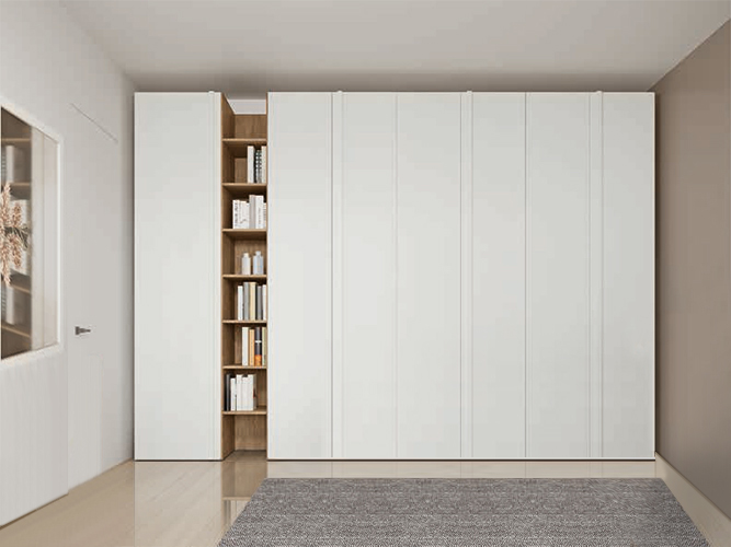 Capiente Armadio moderno con libreria, 7 ante, finitura Bianco opaco e Rovere bianco 