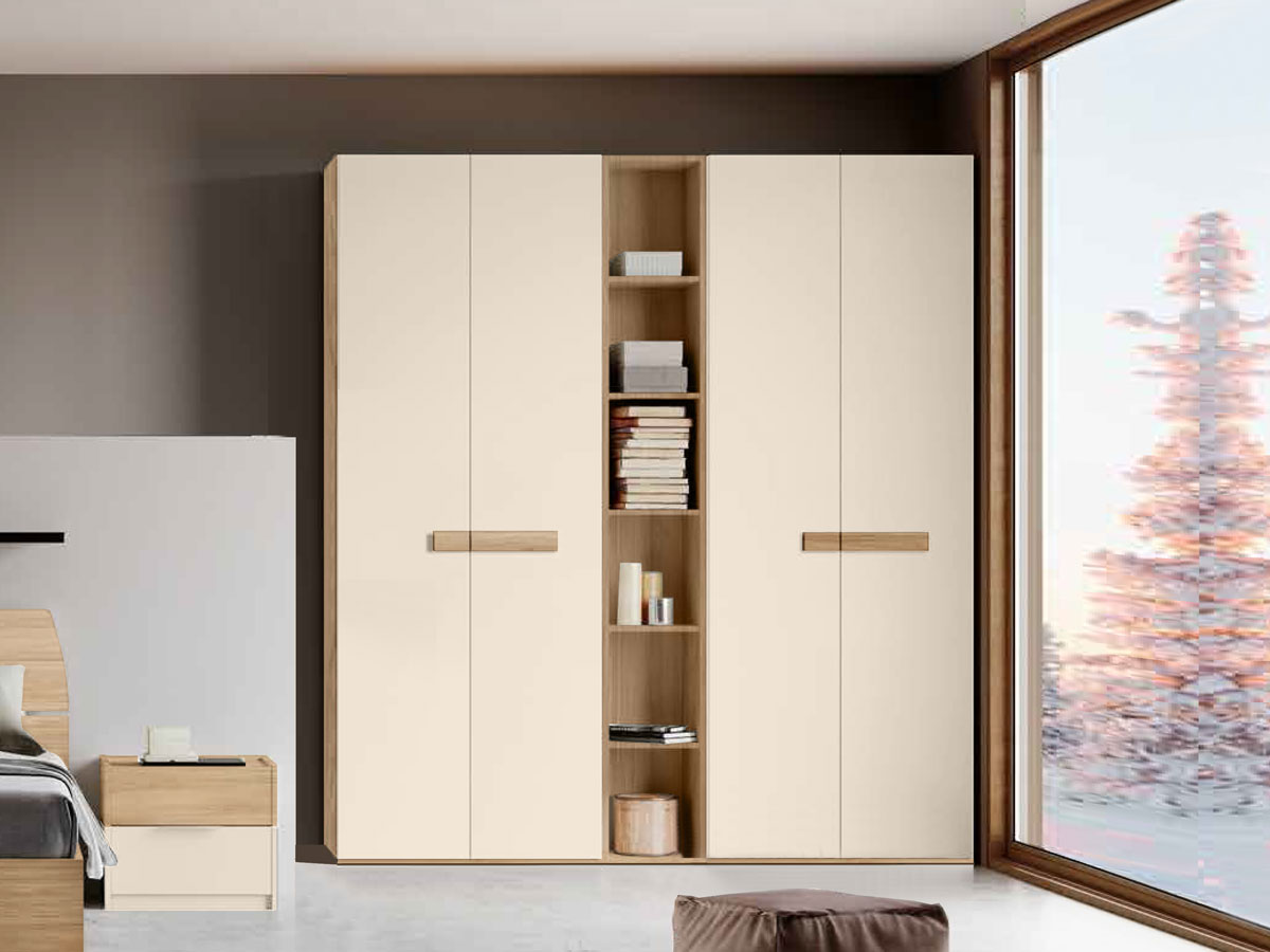 Armadio con libreria a 4 ante battenti, finitura Orzo e Noce biondo