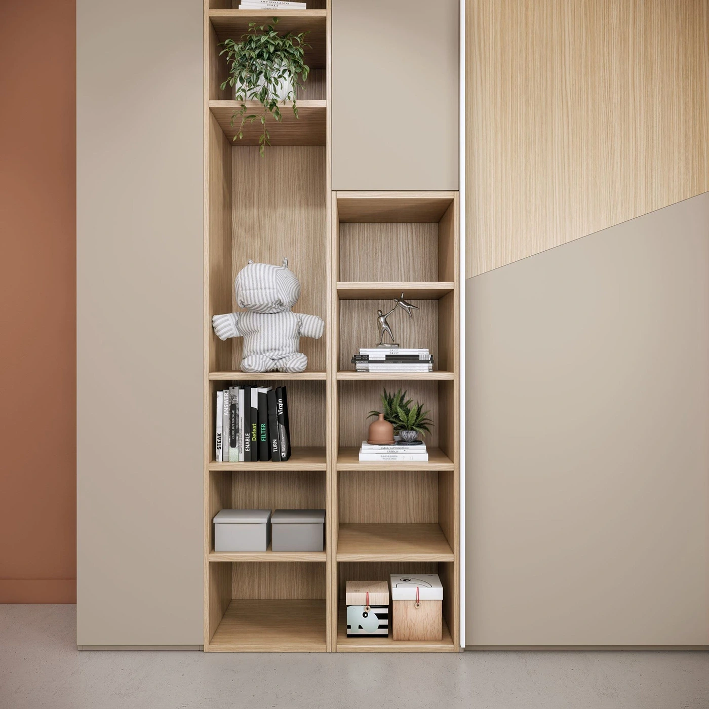 Armadiatura camerette Rovere ambra e Tortora, collezione Taz Zenzero Shop