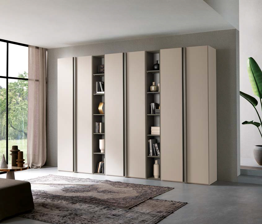 Armadio con libreria a 6 ante battenti, finitura Cachemire e Grigio londra