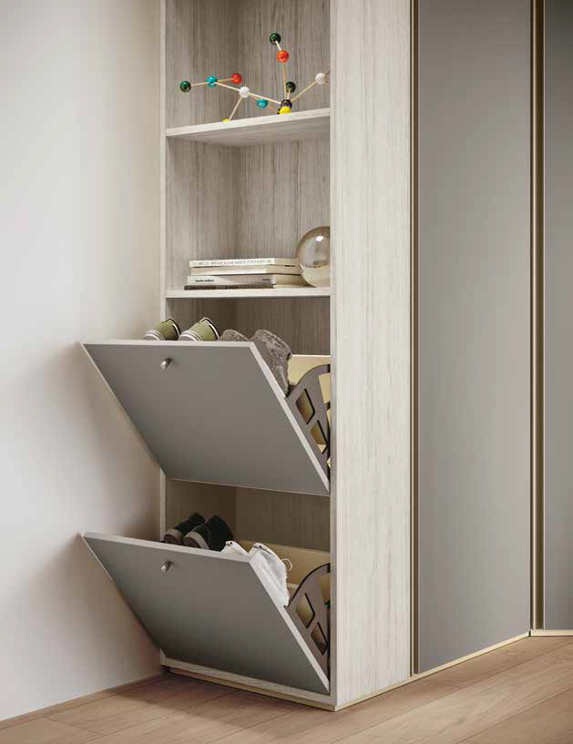 Cameretta con armadio ad angolo, finitura Bianco altea, Grigio seta e Orzo