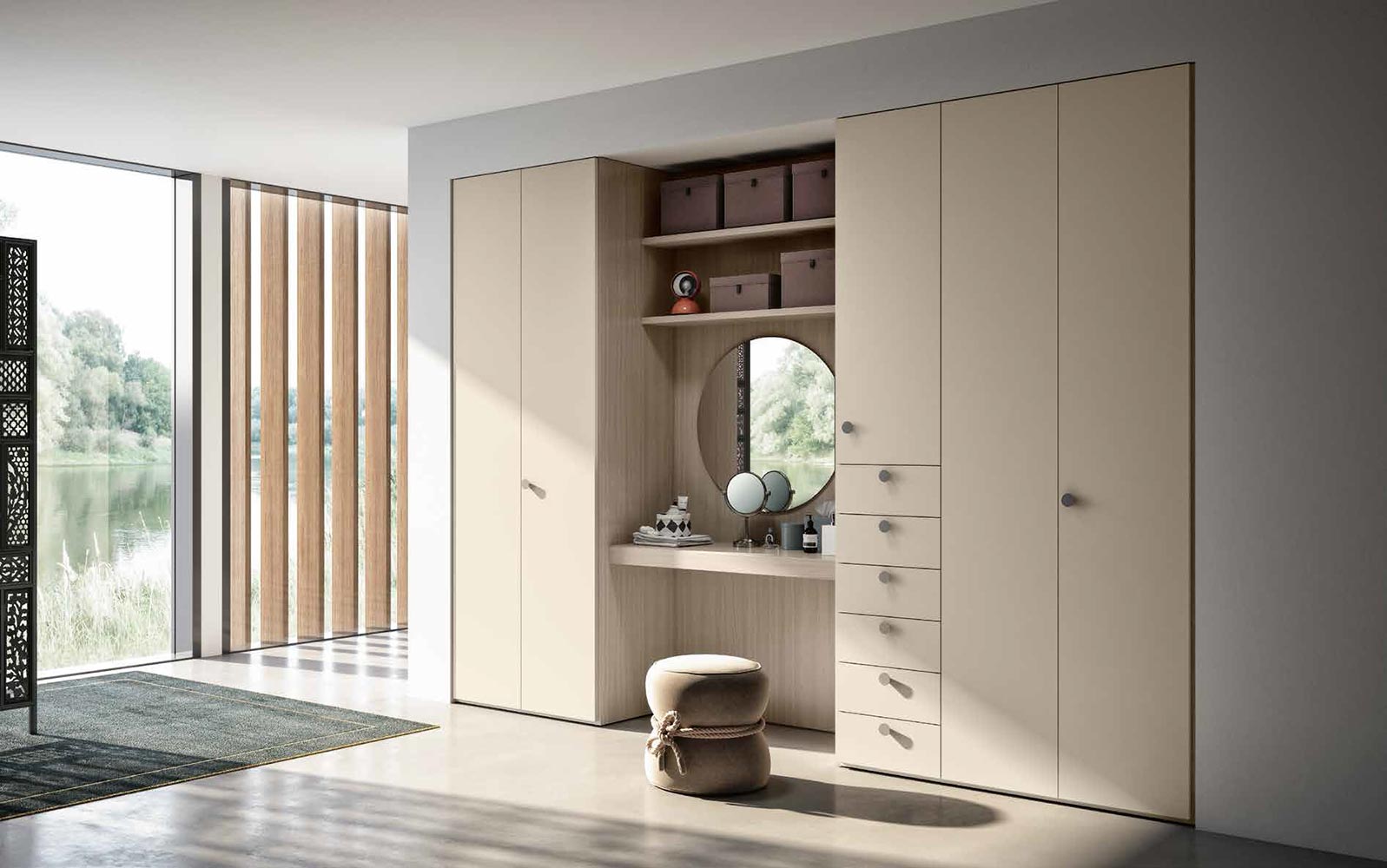 Armadio con scrivania, 5 ante battenti e 6 cassetti, Olmo natura e Orzo