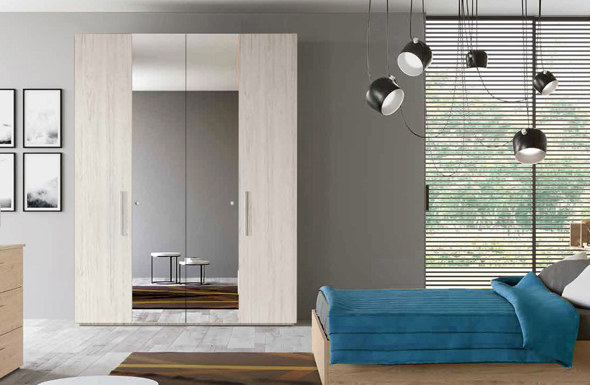 Armadio moderno finitura bianco altea, 4 ante battenti, 2 con specchio