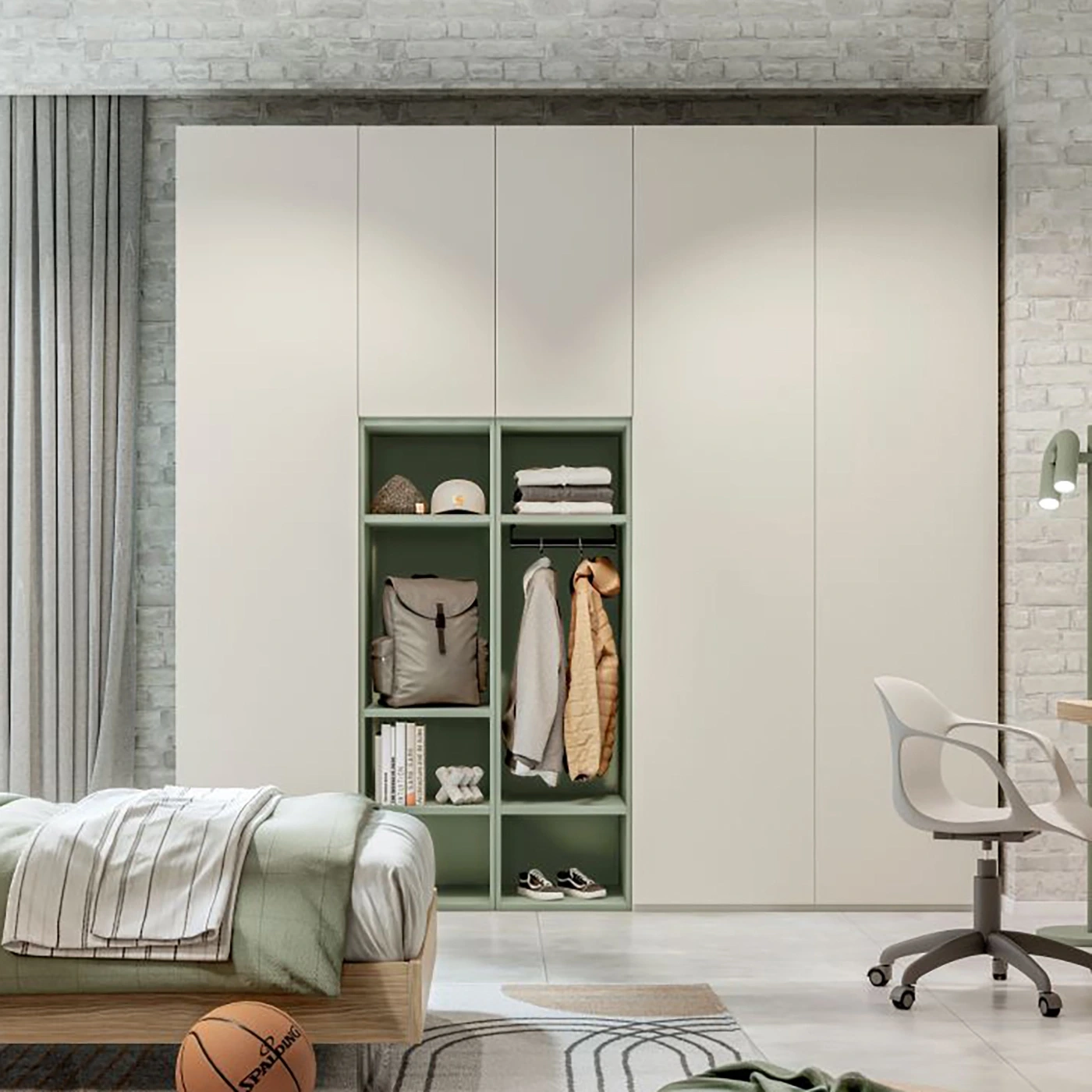 Armadio moderno con vani a giorno, Nebbia e Salvia, L.270