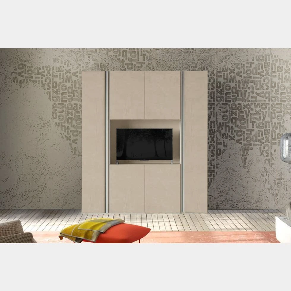 Armadio moderno con vano porta tv, Argilla  spatolato e finiture Bianco altea