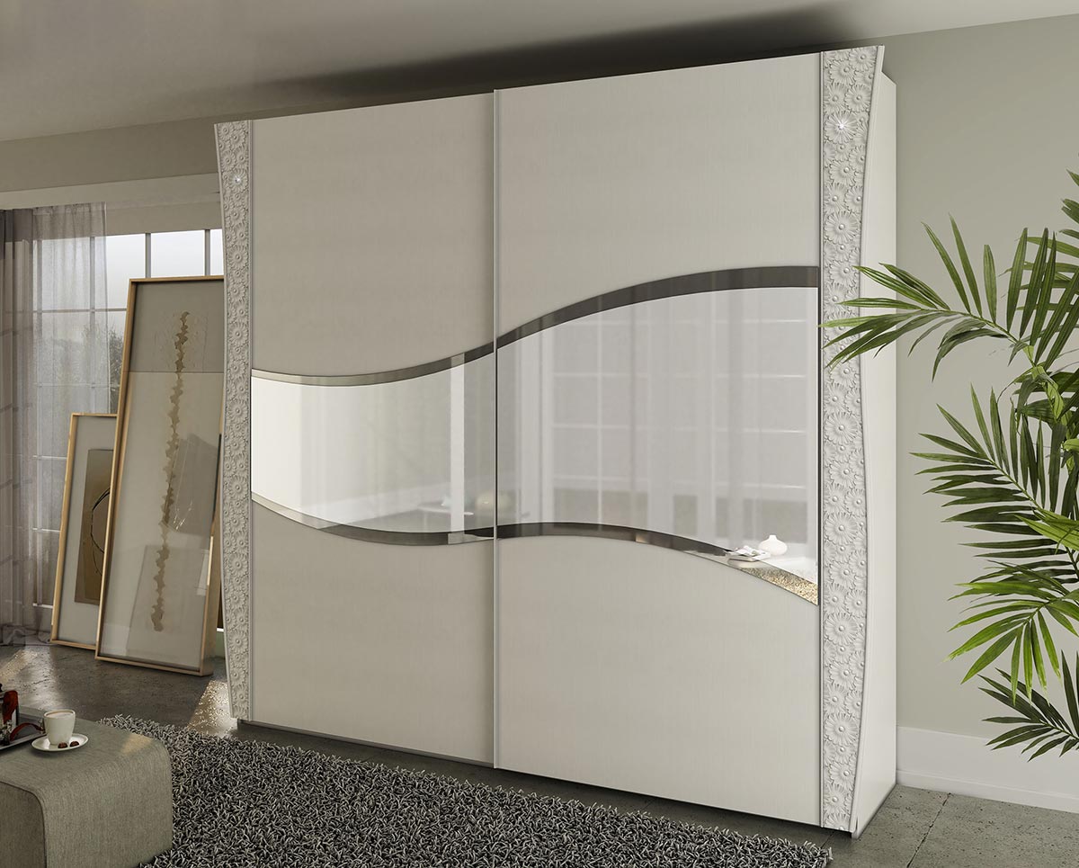 Camera stile contemporaneo con armadio scorrevole e letto contenitore, bianca con inserti floreali