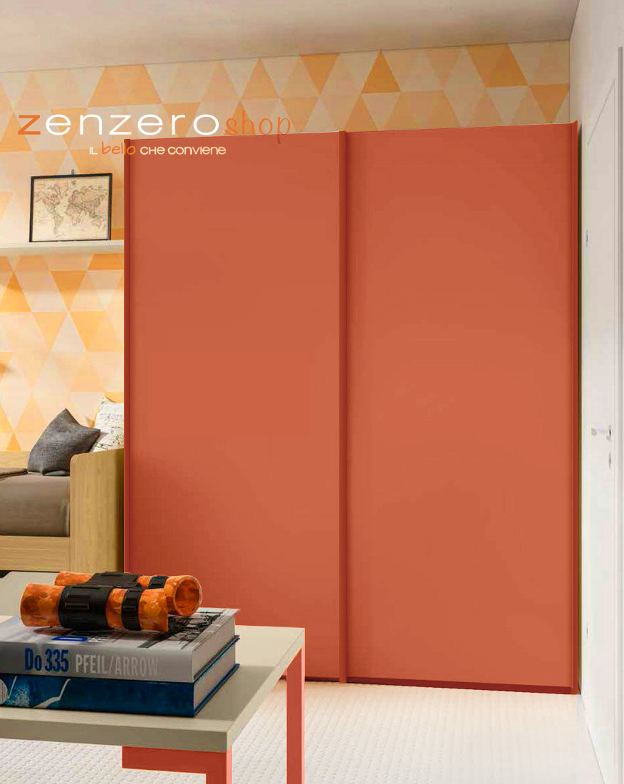 Armadio moderno con 2 ante scorrevoli, finitura Corallo e Noce Biondo