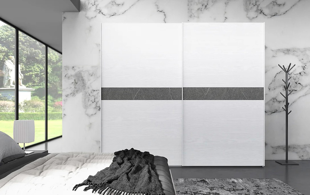 Camera da letto di design Cormorano con armadio, comò, comodini e letto matrimoniale 