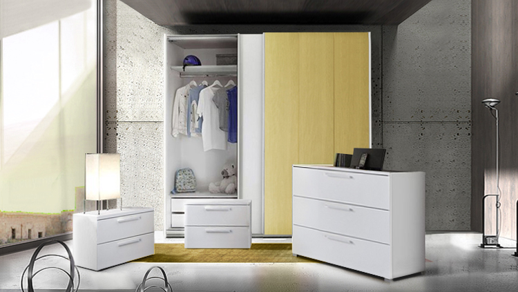 Set zona notte con Armadio Vertigo, Comò e Coppia Comodini, Bianco opaco e Giallo