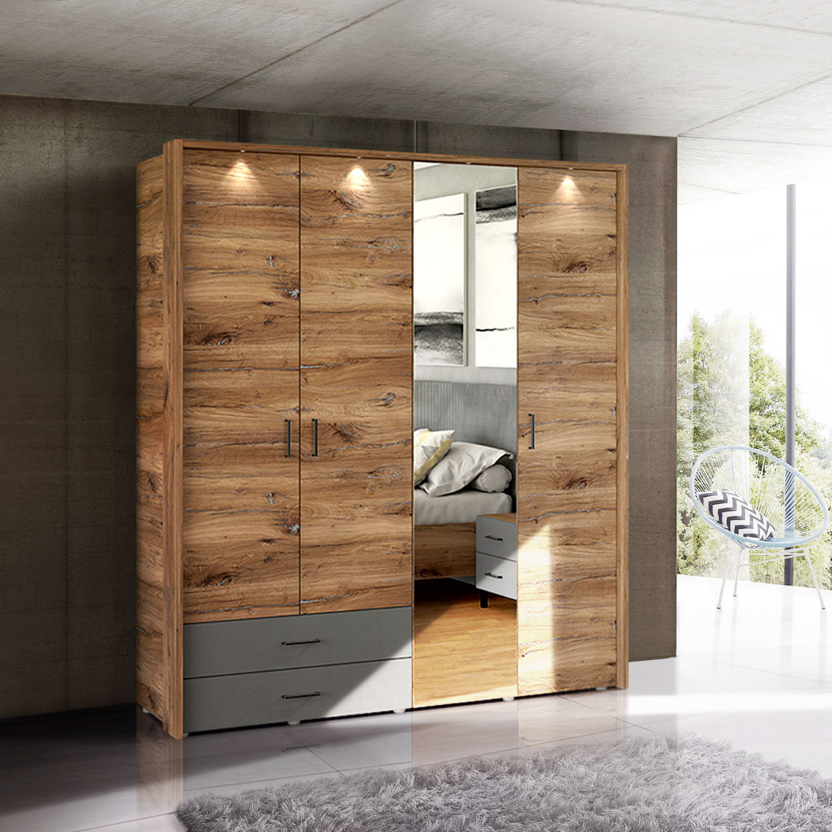 armadio industry 4 ante con specchio, battente