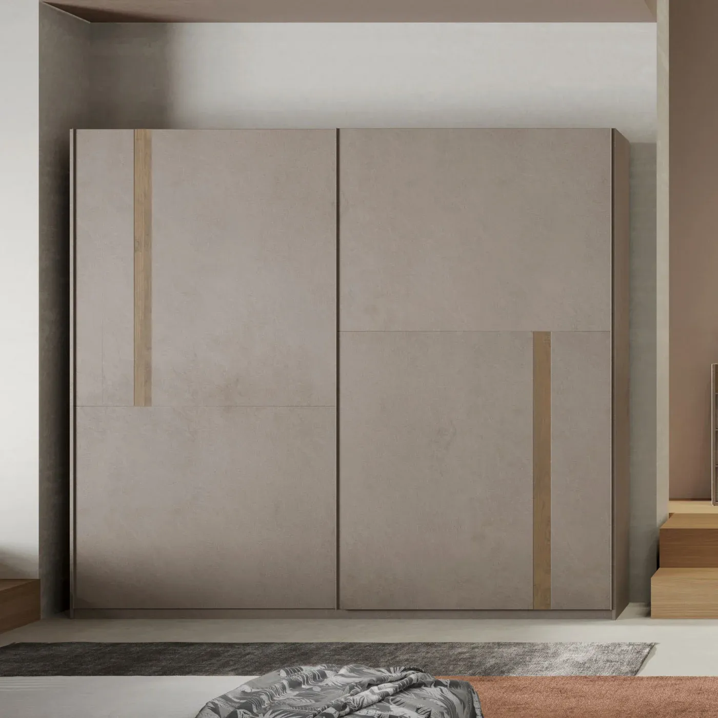 Camera matrimoniale con letto boucle Senape, finitura Bronzo e Mercure