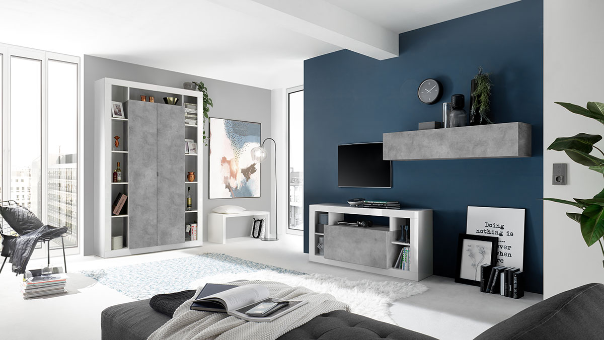 Colonna dispensa a 2 ante moderna, colori Bianco lucido e Cemento