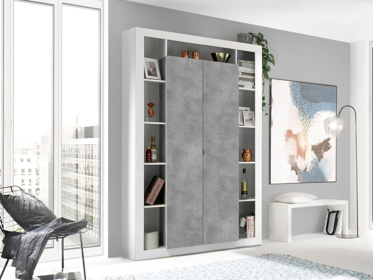 Colonna dispensa a 2 ante moderna, colori Bianco lucido e Cemento