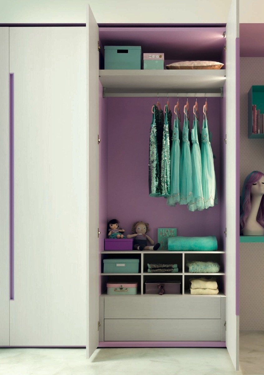 Armadio per bambini Moretti Compact, 4 ante Betulla e Lilla laccato