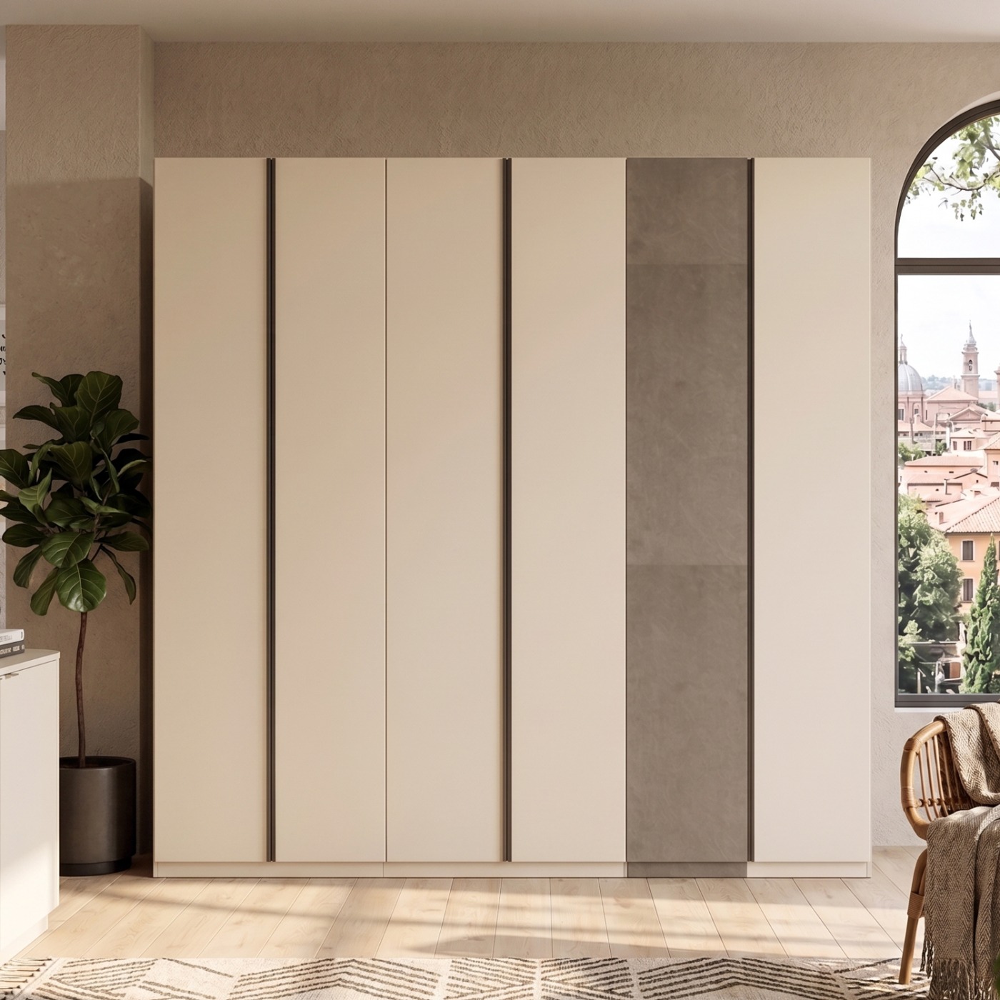 Armadio 6 ante, Cashmere e Bronzo, maniglie a gola