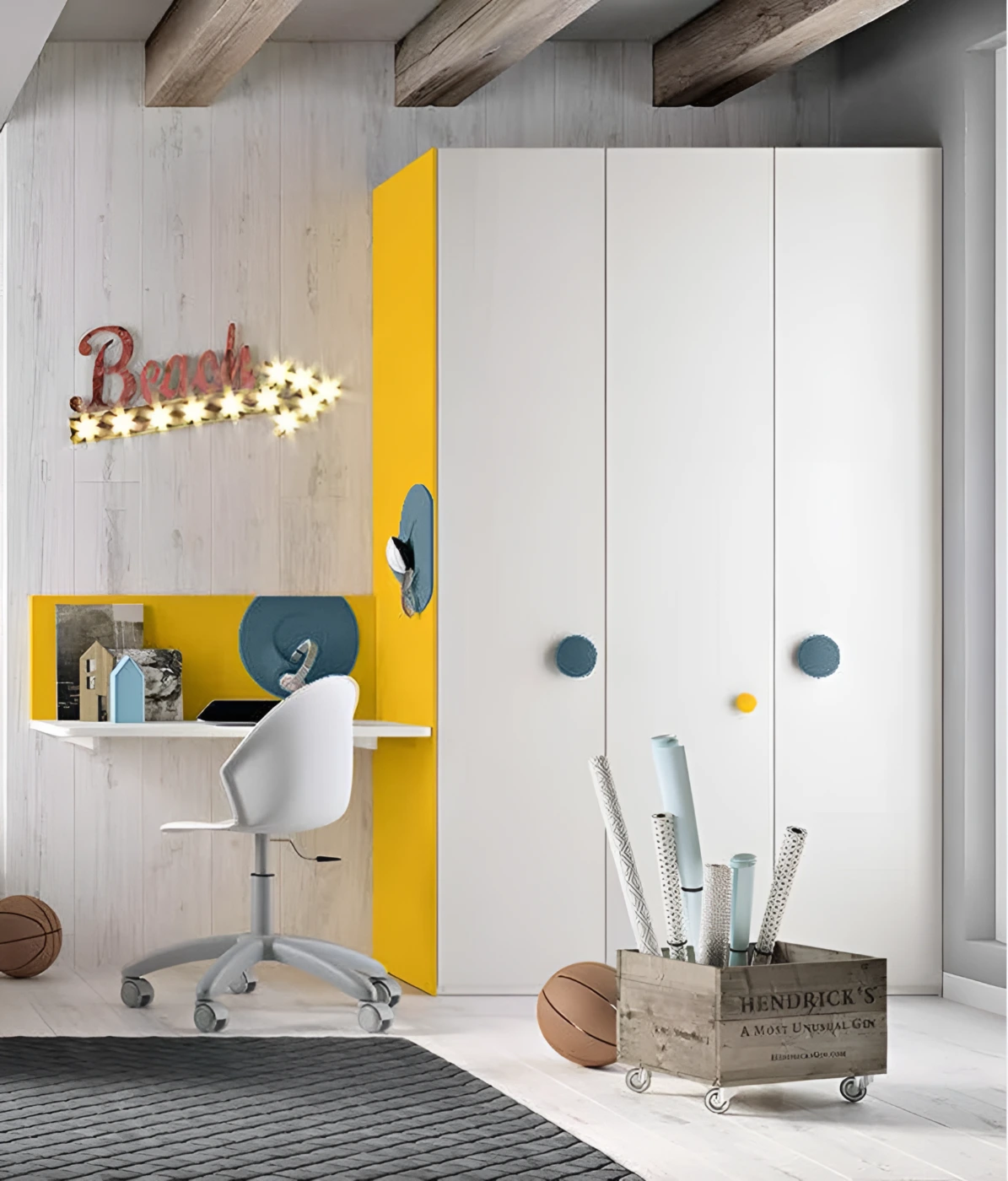 Armadi per camerette con 3 ante  in finitura Bianco frassino e Girasole