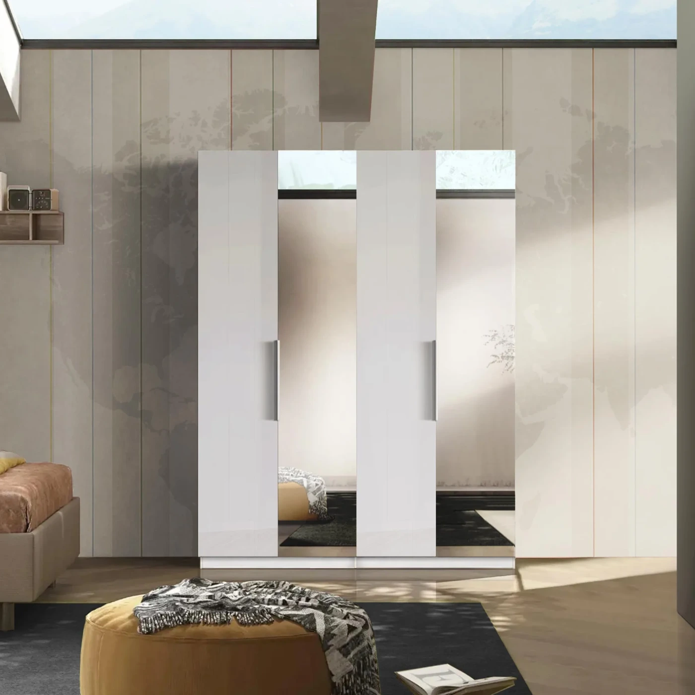Armadio 4 ante, 183x240h cm, Bianco lucido con specchi, collezione Mondo