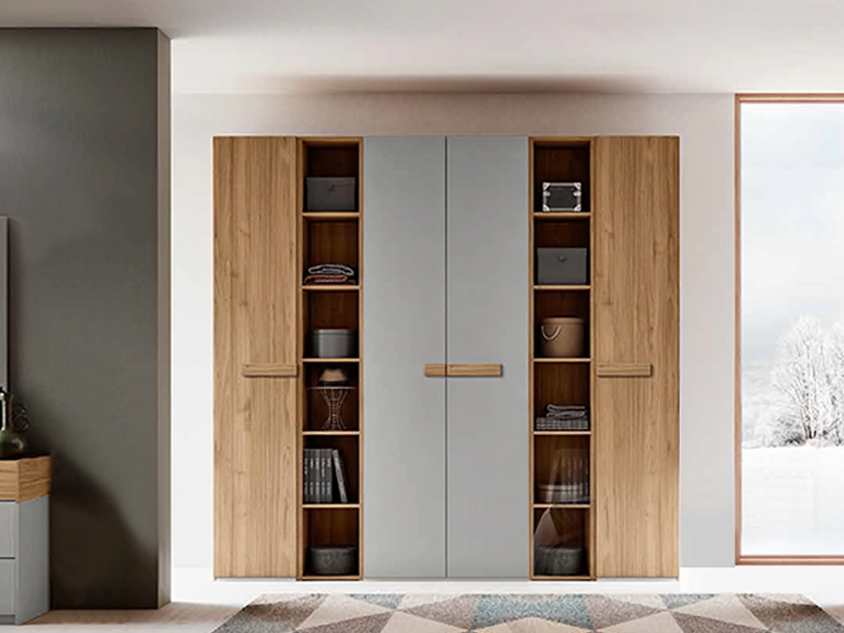 Armadio battente con 2 librerie, Grigio argento e Noce biondo