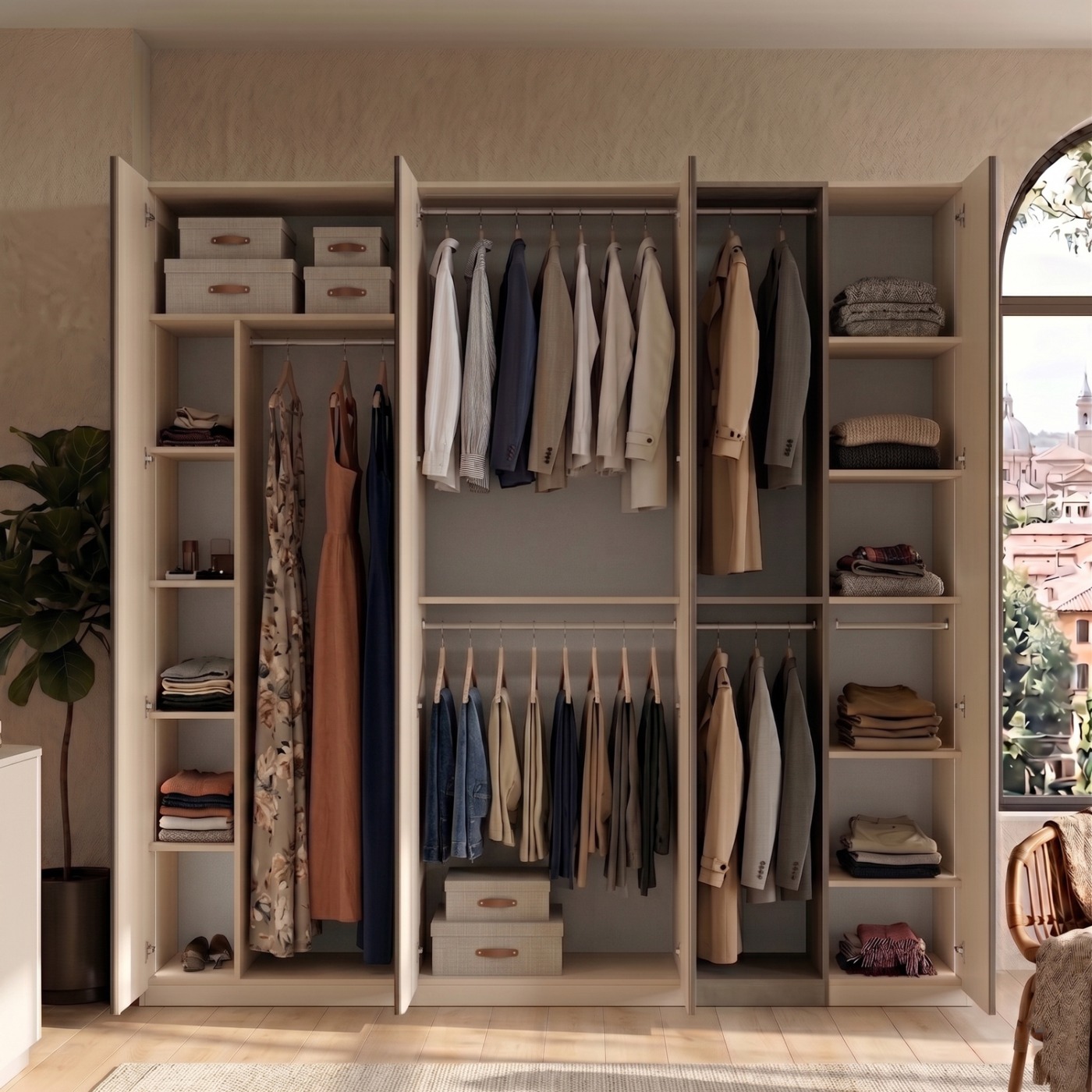 Armadio 6 ante, Cashmere e Bronzo, maniglie a gola