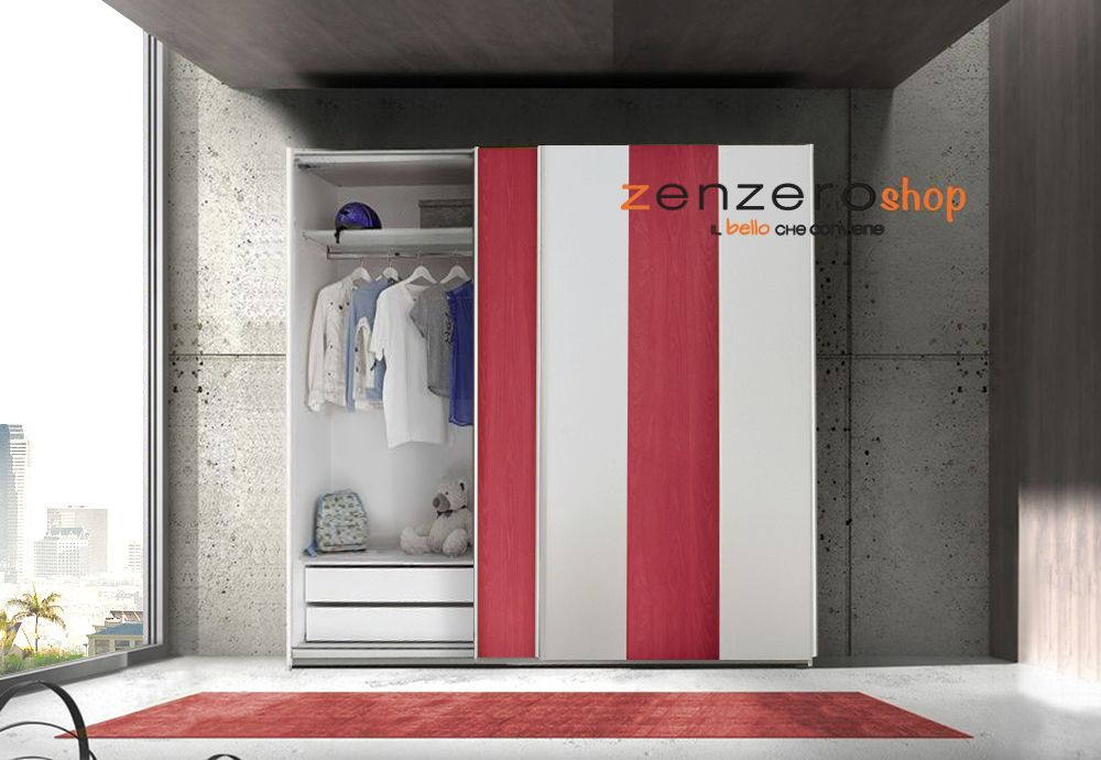 Armadio Vertigo 2 ante scorrevoli bianco opaco e rosso