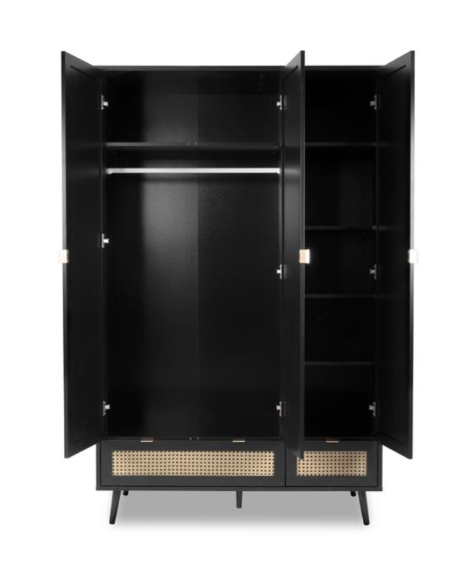 Armadio nero a 3 ante battenti e 2 cassetti, dettagli finitura Oro