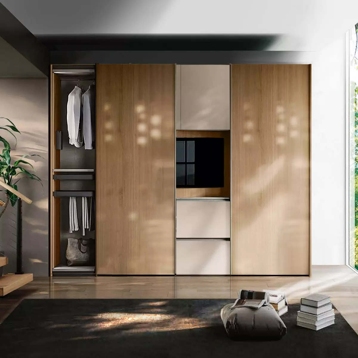 armadio noce biondo con pannello tv