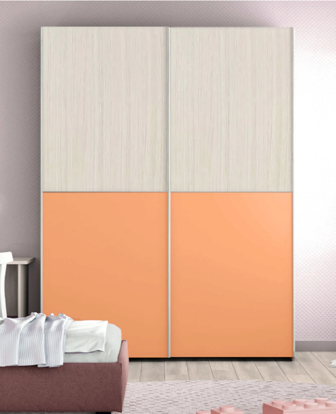 Armadio con 2 ante scorrevoli in finitura Noce brina e Papaya